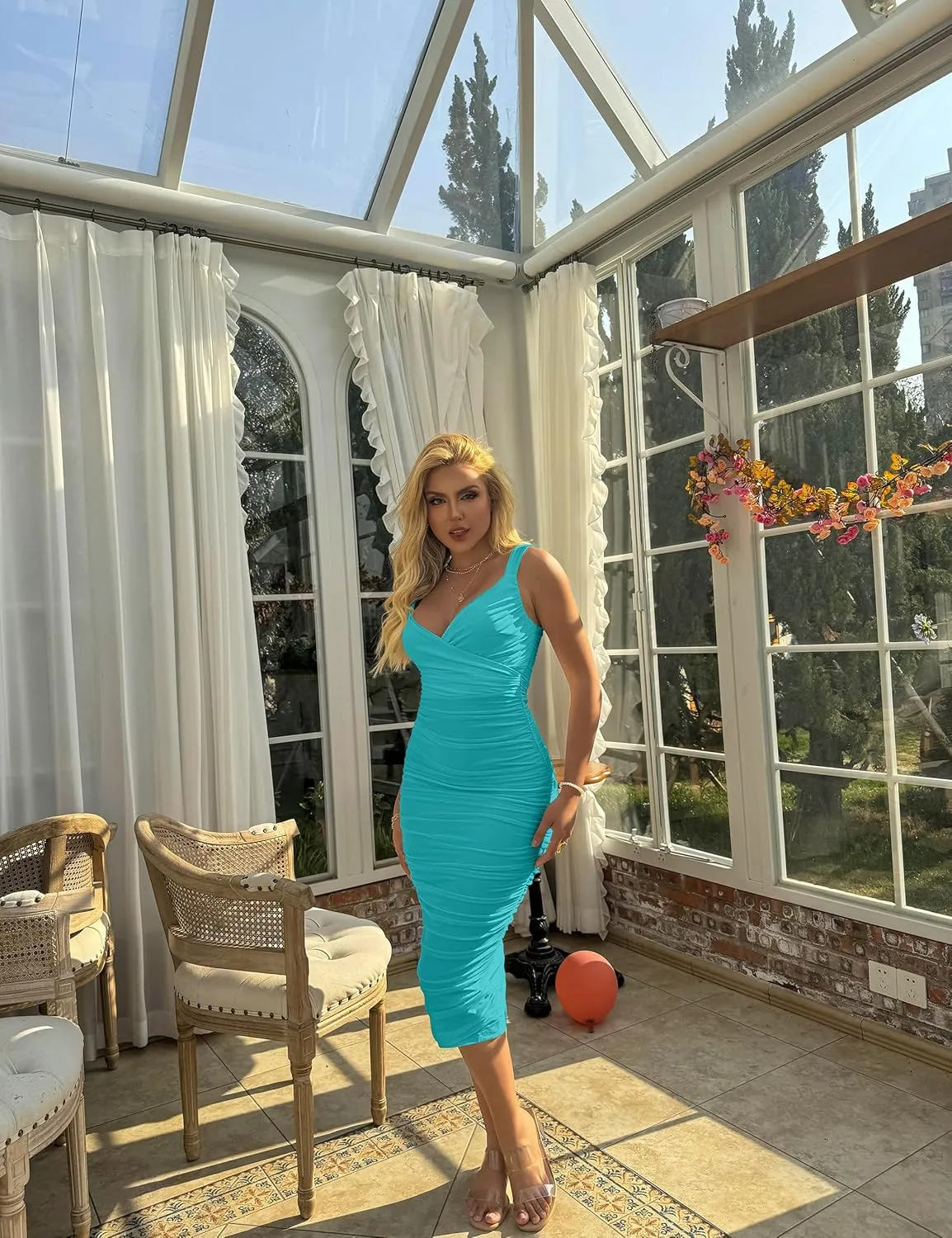 BEAGIMEG Women's Sexy Bodycon Sleeveless Ruched Mesh Club Party Midi Dress