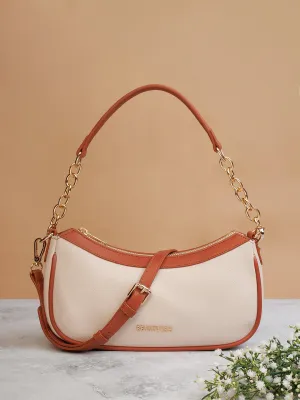 Berrylush Women Solid Beige Synthetic Leather Chain Detail Two Detachable Strap Shoulder & Sling Bag
