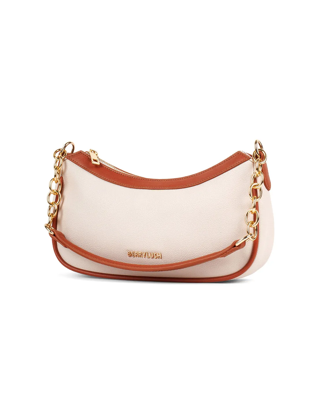 Berrylush Women Solid Beige Synthetic Leather Chain Detail Two Detachable Strap Shoulder & Sling Bag