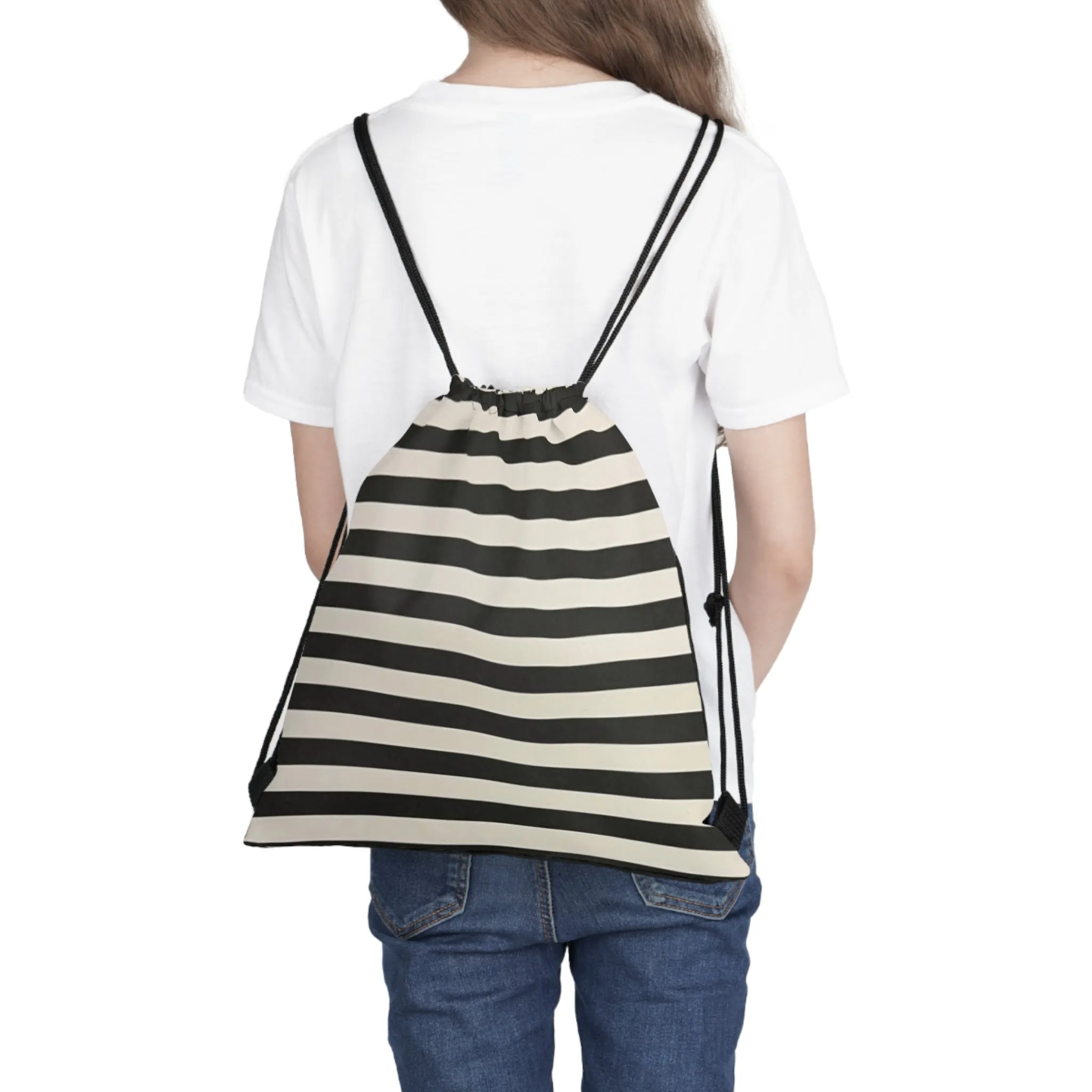 Black and White Striped Outdoor Drawstring Bag