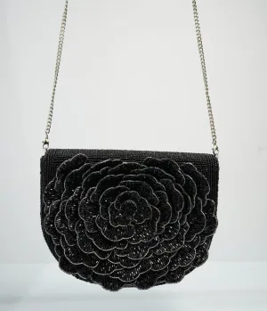 Black Flower Beaded Crossbody Bag