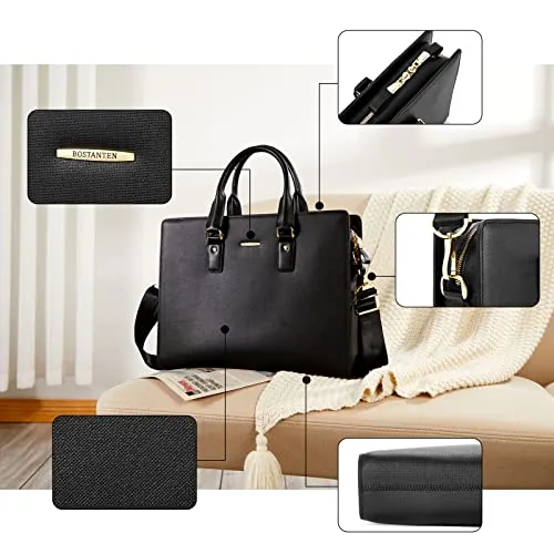 BOSTANTEN Leather Lawyers Briefcase Shoulder Laptop Business Slim Bags for Men & Women Black