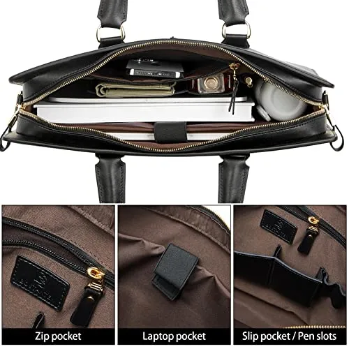 BOSTANTEN Leather Lawyers Briefcase Shoulder Laptop Business Slim Bags for Men & Women Black
