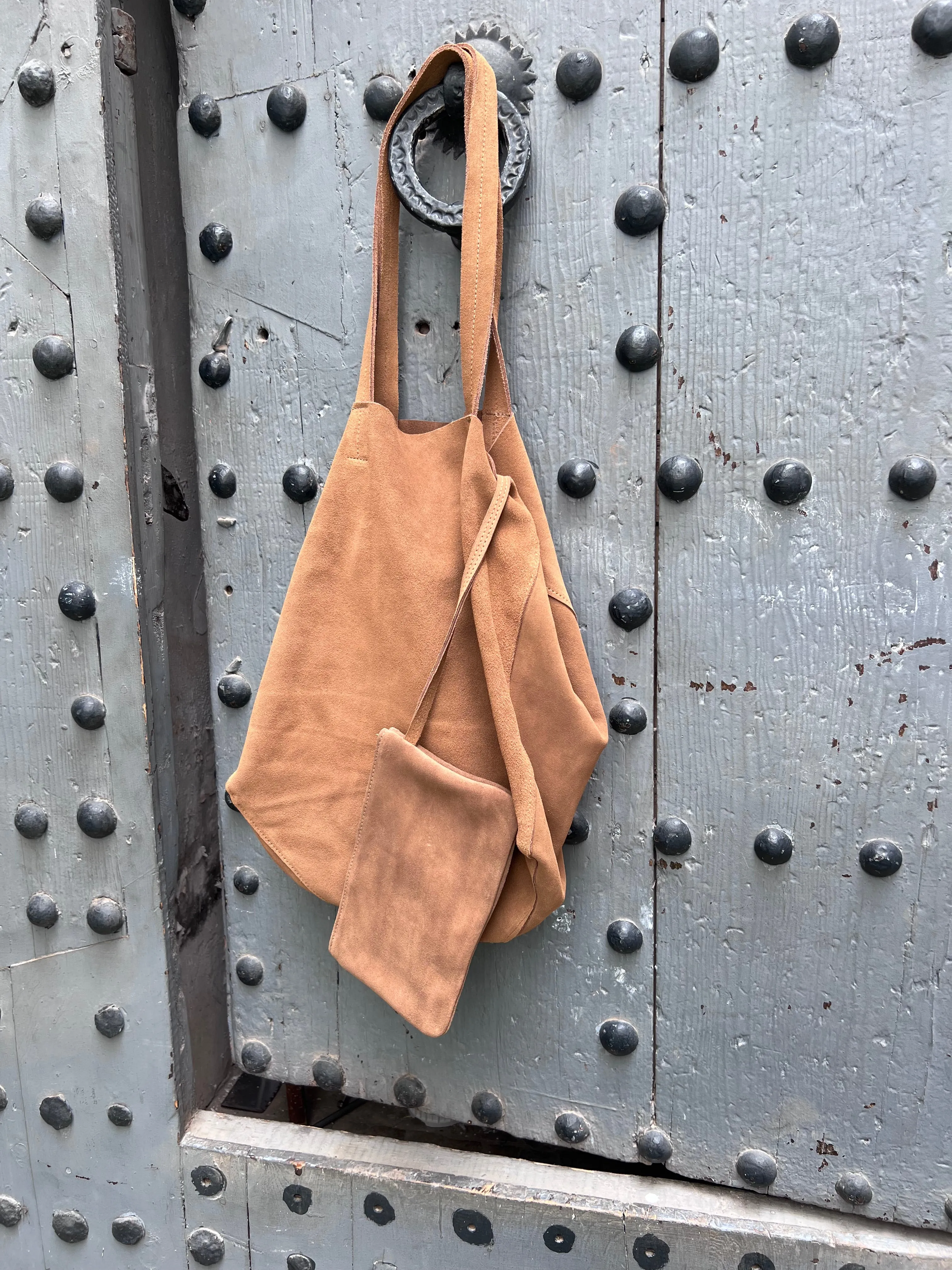 Camel Suede Tote Bag with Zip Up Pouch