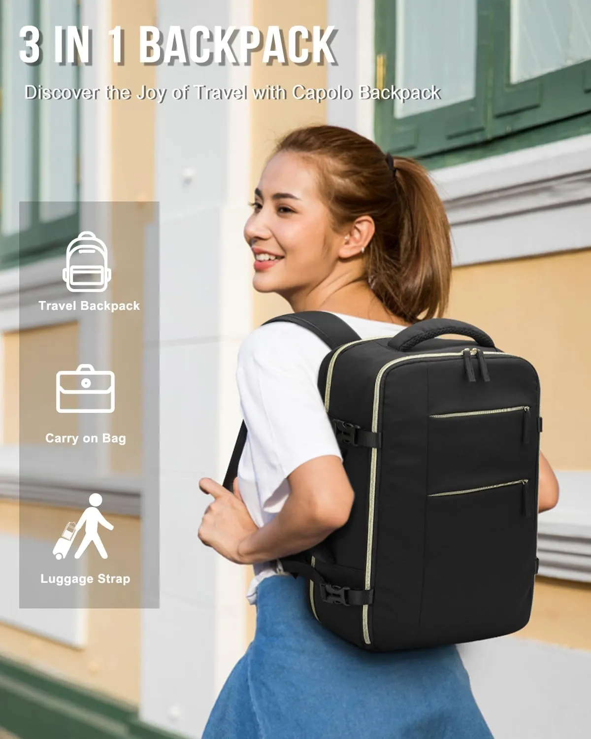 Capolo Travel Backpack for Women Men Waterproof Laptop Backpack Airlines Approved Carry On Backpack Bag Computer Back pack for Business, Work, Traveling Fits 15.6 Inch Laptop(Deep Black)