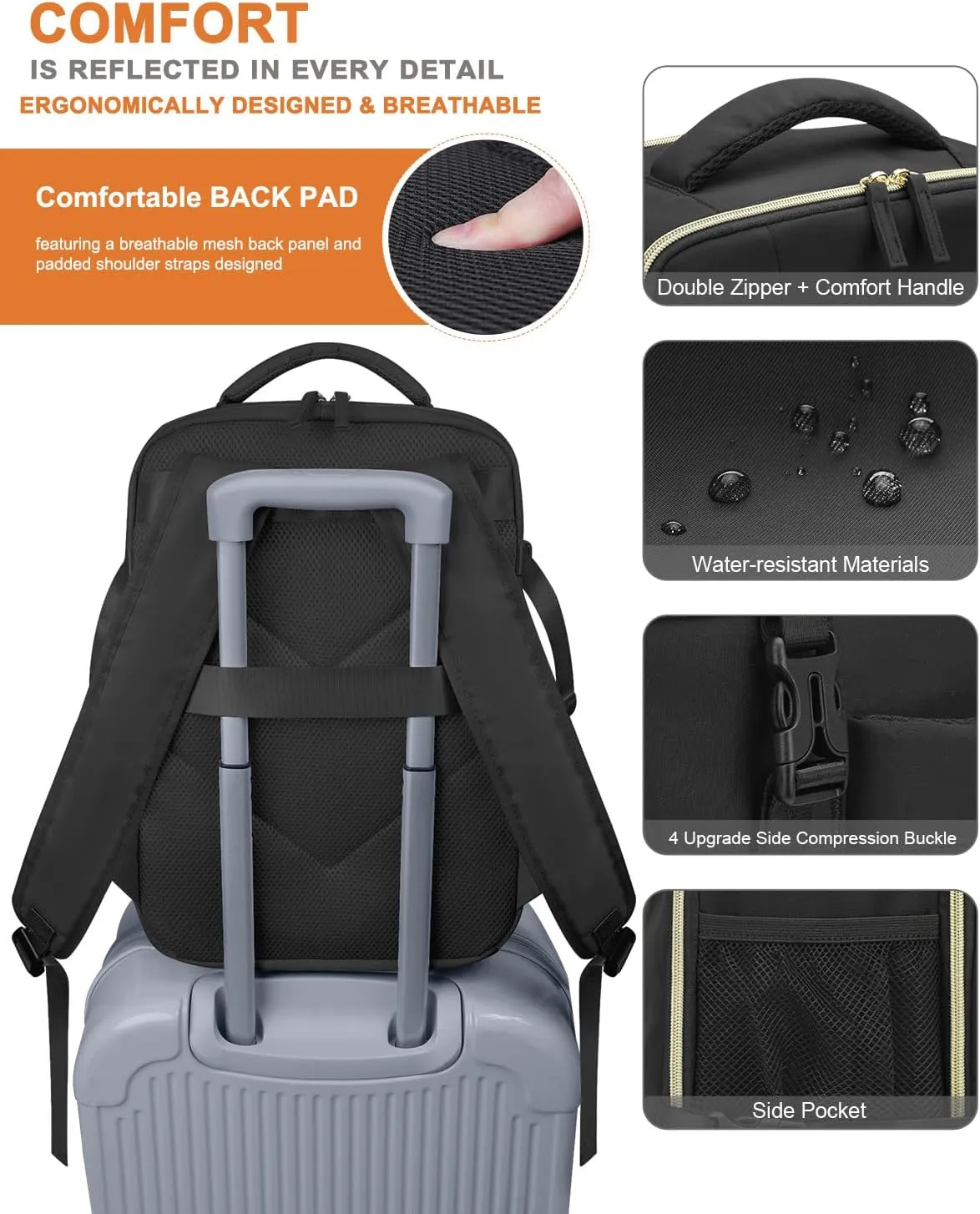 Capolo Travel Backpack for Women Men Waterproof Laptop Backpack Airlines Approved Carry On Backpack Bag Computer Back pack for Business, Work, Traveling Fits 15.6 Inch Laptop(Deep Black)