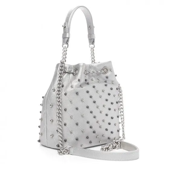 Chanel Metallic Lambskin Studded Chevron Quilted Small Stud Wars Drawstring Bag- Silver