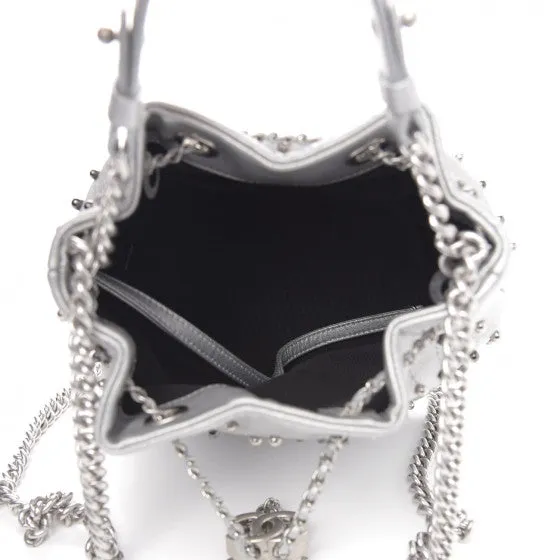 Chanel Metallic Lambskin Studded Chevron Quilted Small Stud Wars Drawstring Bag- Silver