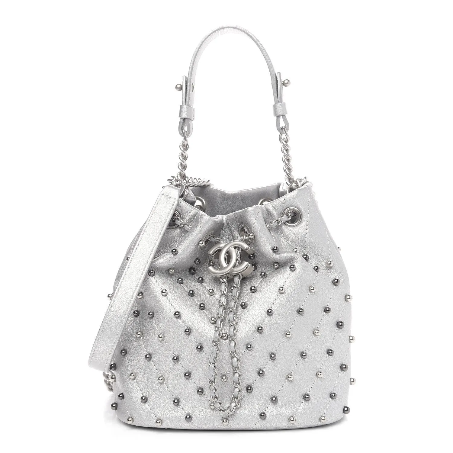 Chanel Metallic Lambskin Studded Chevron Quilted Small Stud Wars Drawstring Bag- Silver