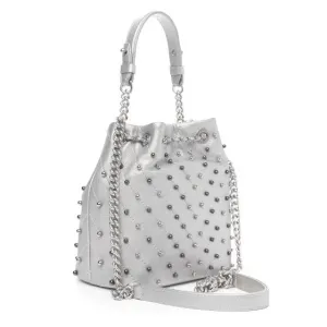 Chanel Metallic Lambskin Studded Chevron Quilted Small Stud Wars Drawstring Bag- Silver