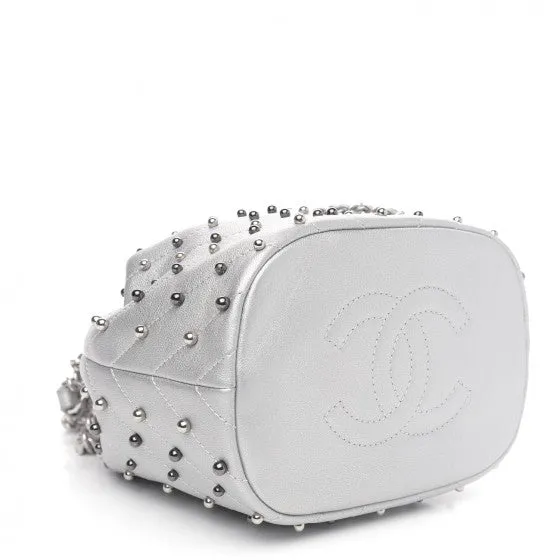 Chanel Metallic Lambskin Studded Chevron Quilted Small Stud Wars Drawstring Bag- Silver