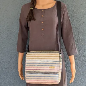 Colored Strips With White Upcycled Handwoven Messenger Bag (MB1124-008) PS_W
