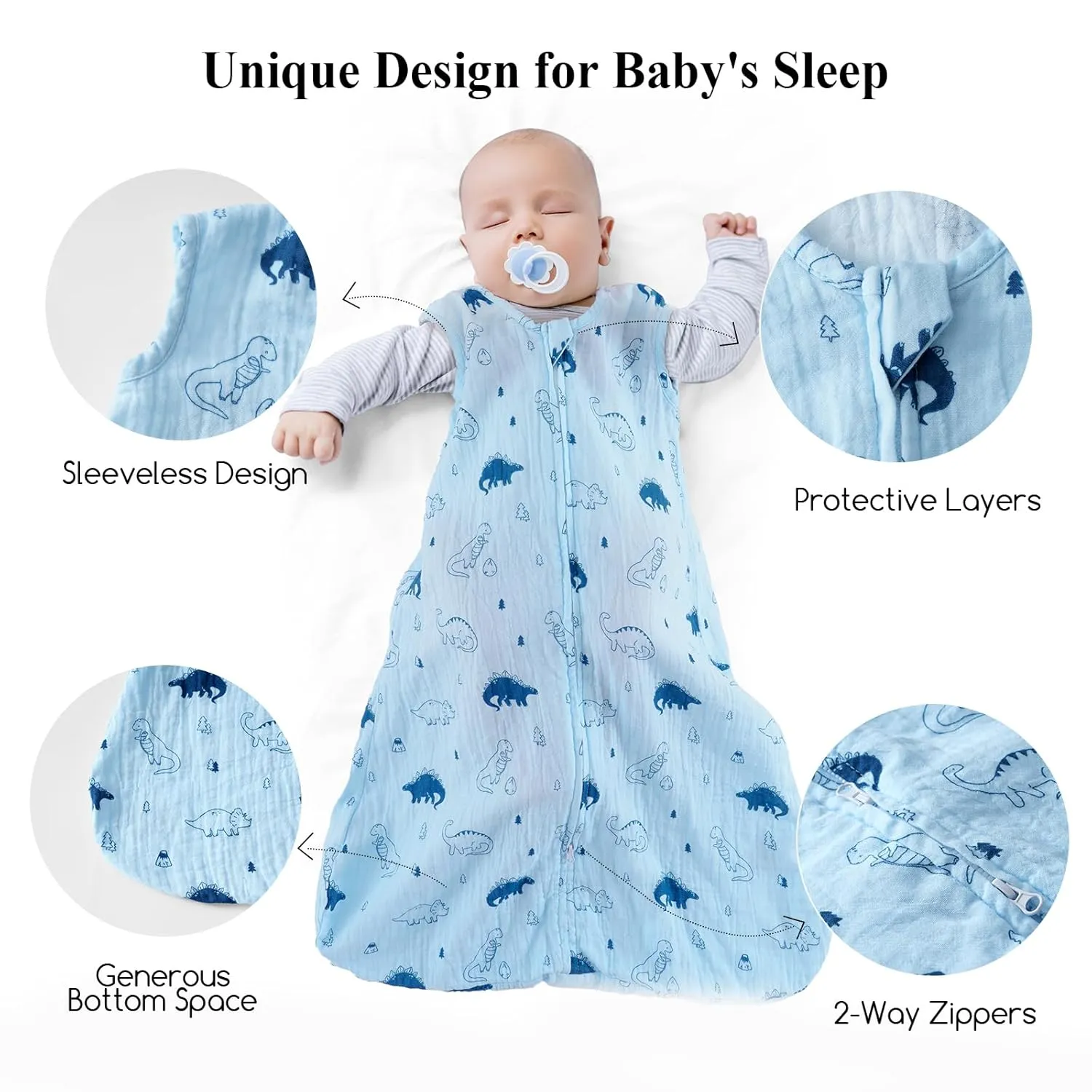 david's kids Muslin Cotton Baby Sleep Sack 12-18 Months, 2 Pack 100% Cotton Sleeping Bag for Summer, TOG 0.5 Baby Wearable Blankets with 2-Way Zipper, Soft Sleep Sacks for Newborn Infant, Dinosaur