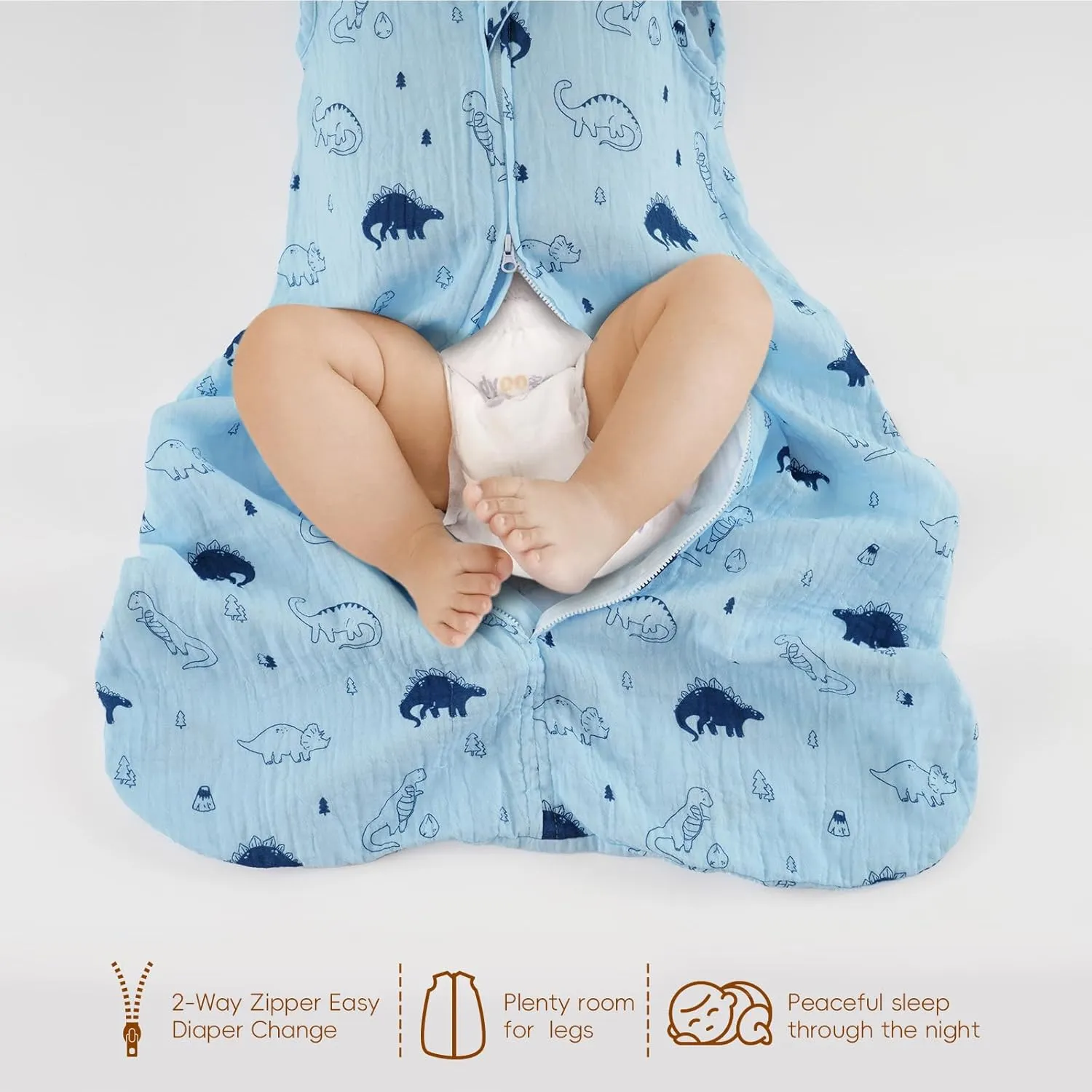 david's kids Muslin Cotton Baby Sleep Sack 12-18 Months, 2 Pack 100% Cotton Sleeping Bag for Summer, TOG 0.5 Baby Wearable Blankets with 2-Way Zipper, Soft Sleep Sacks for Newborn Infant, Dinosaur