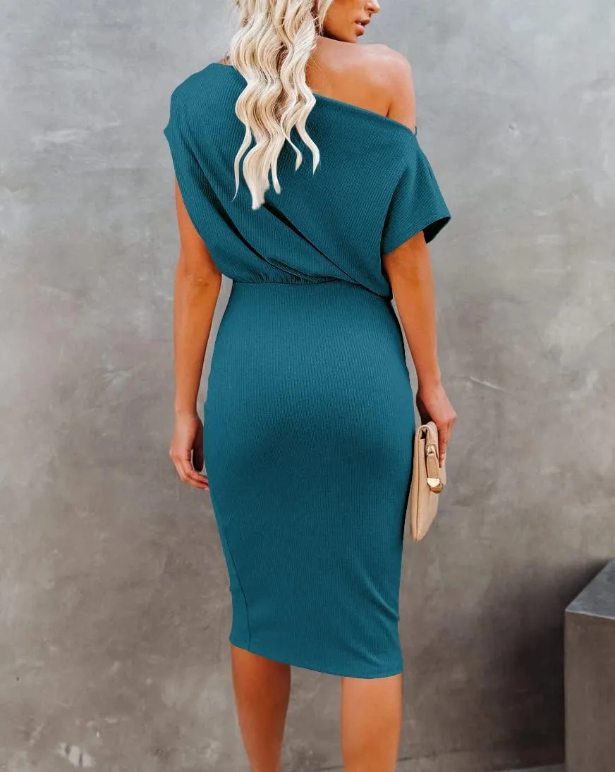 Ezbelle Women's 2025 Summer Dress Off The Shoulder Short Sleeve Ribbed Casual Party Bodycon Midi Dresses