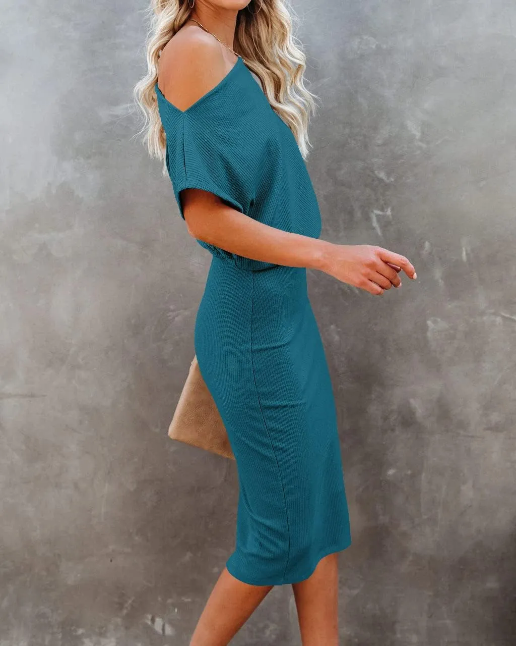 Ezbelle Women's 2025 Summer Dress Off The Shoulder Short Sleeve Ribbed Casual Party Bodycon Midi Dresses