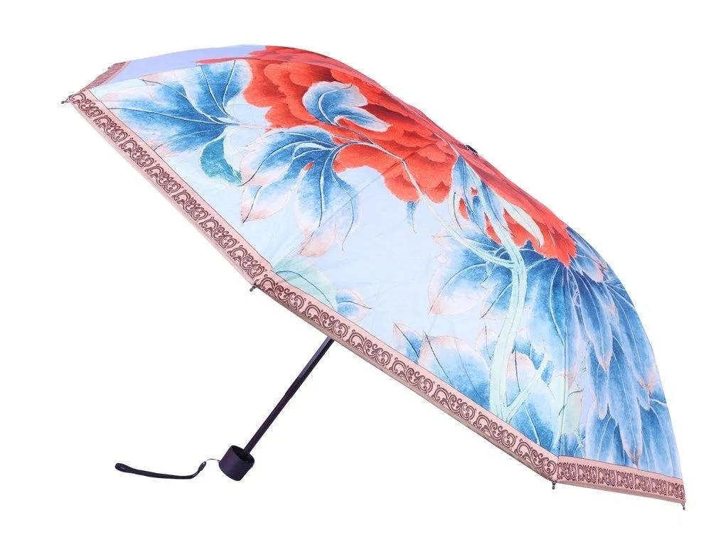 FabSeasons Blue Floral Digital Printed 3 Fold Fancy Manual Umbrella