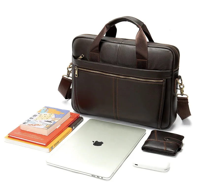 Genuine Leather Retro Men's Business Briefcase 15.6" Laptop Bag with Shoulder Strap