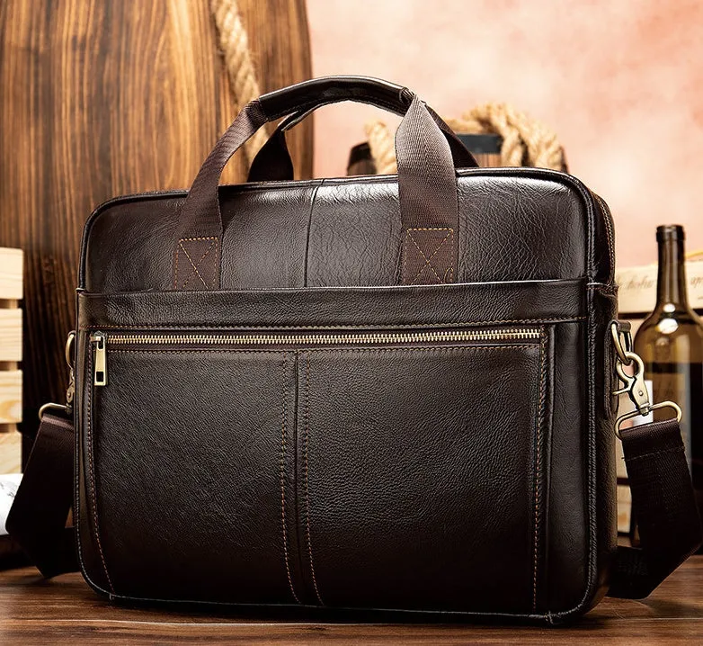 Genuine Leather Retro Men's Business Briefcase 15.6" Laptop Bag with Shoulder Strap