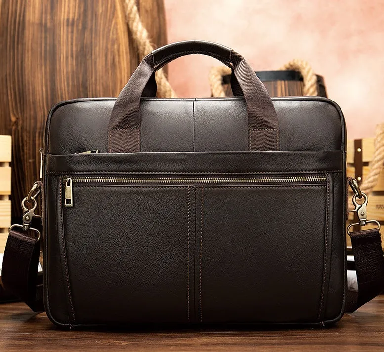 Genuine Leather Retro Men's Business Briefcase 15.6" Laptop Bag with Shoulder Strap