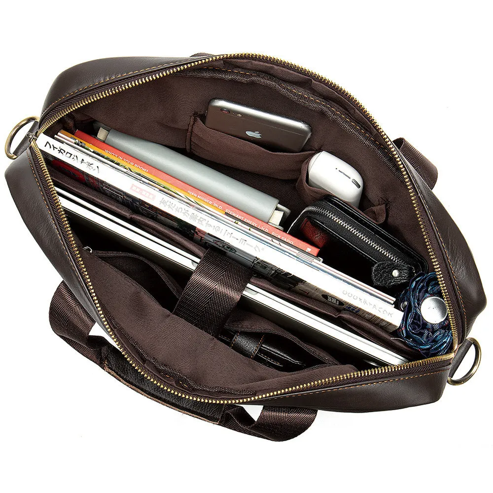 Genuine Leather Retro Men's Business Briefcase 15.6" Laptop Bag with Shoulder Strap