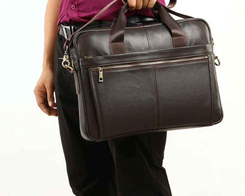 Genuine Leather Retro Men's Business Briefcase 15.6" Laptop Bag with Shoulder Strap