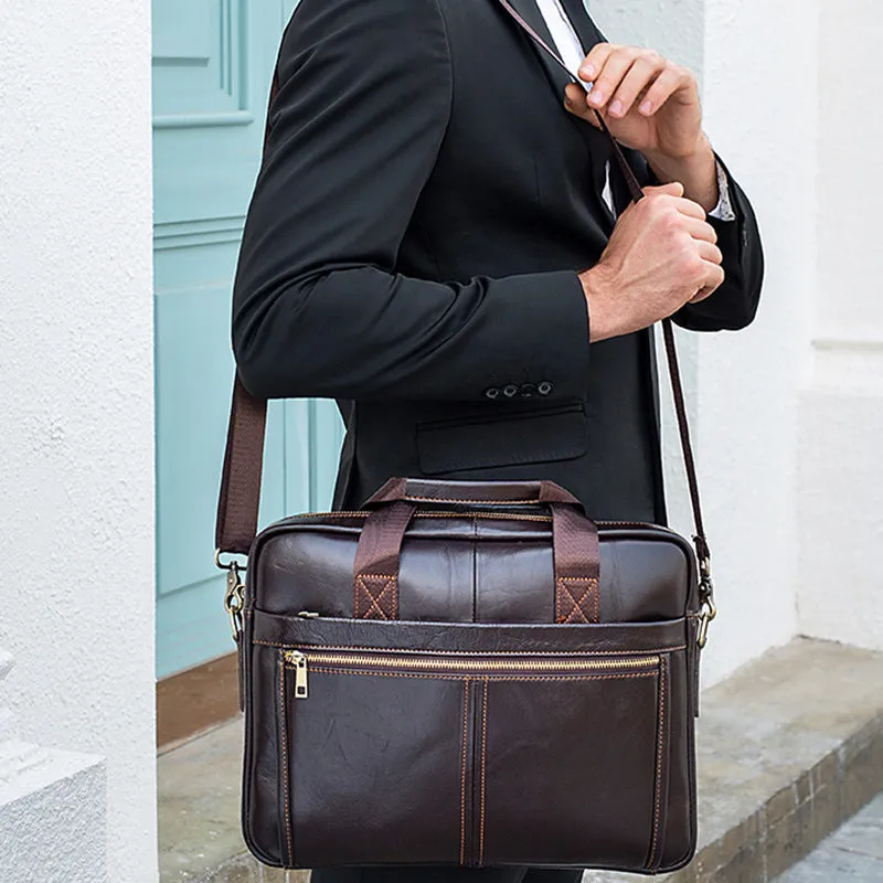 Genuine Leather Retro Men's Business Briefcase 15.6" Laptop Bag with Shoulder Strap