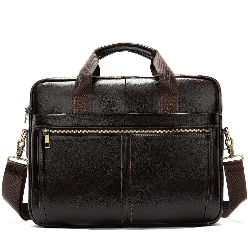 Genuine Leather Retro Men's Business Briefcase 15.6" Laptop Bag with Shoulder Strap