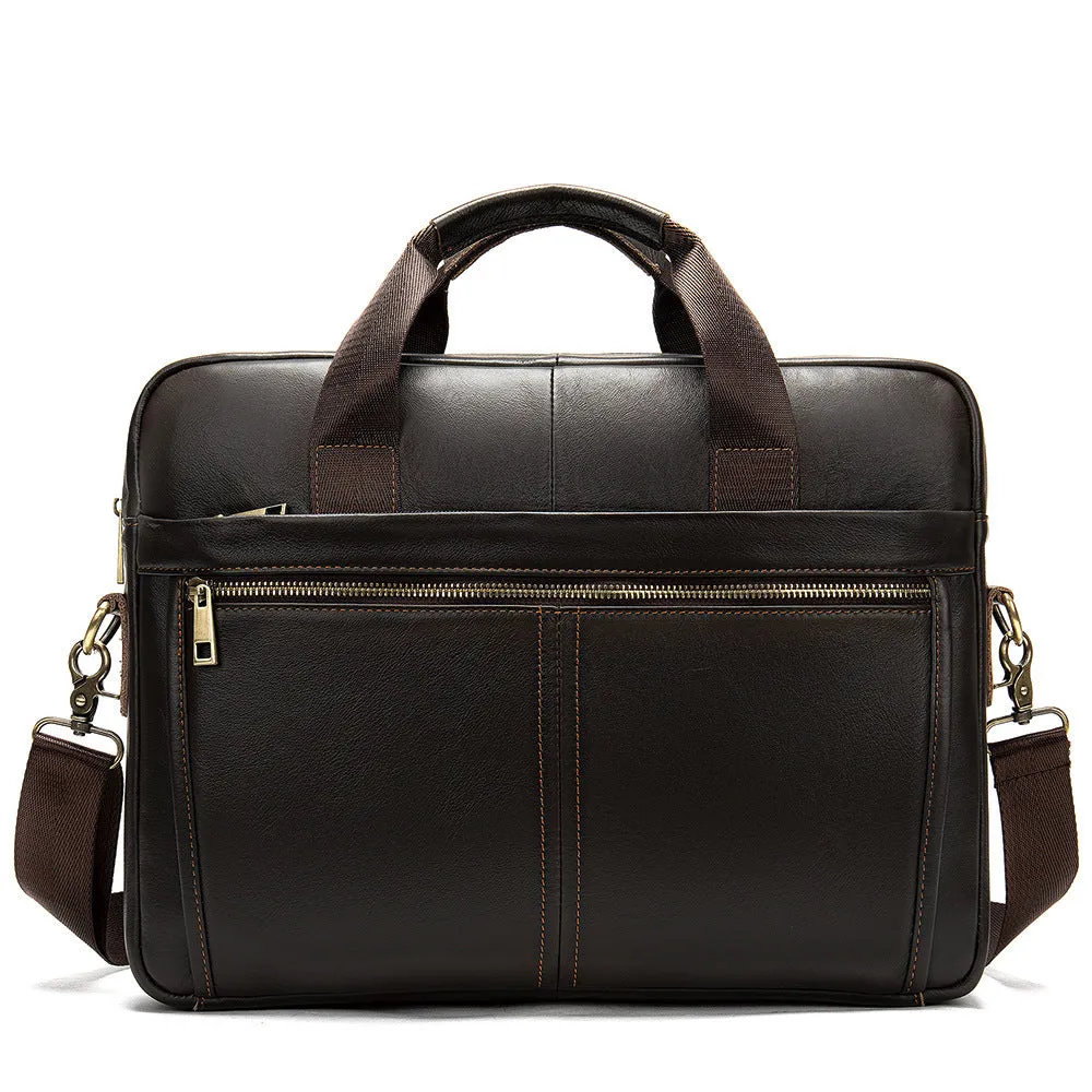 Genuine Leather Retro Men's Business Briefcase 15.6" Laptop Bag with Shoulder Strap