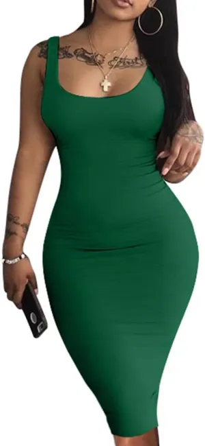 LAGSHIAN Women's Sexy Bodycon Tank Dress Sleeveless Basic Midi Club Dresses