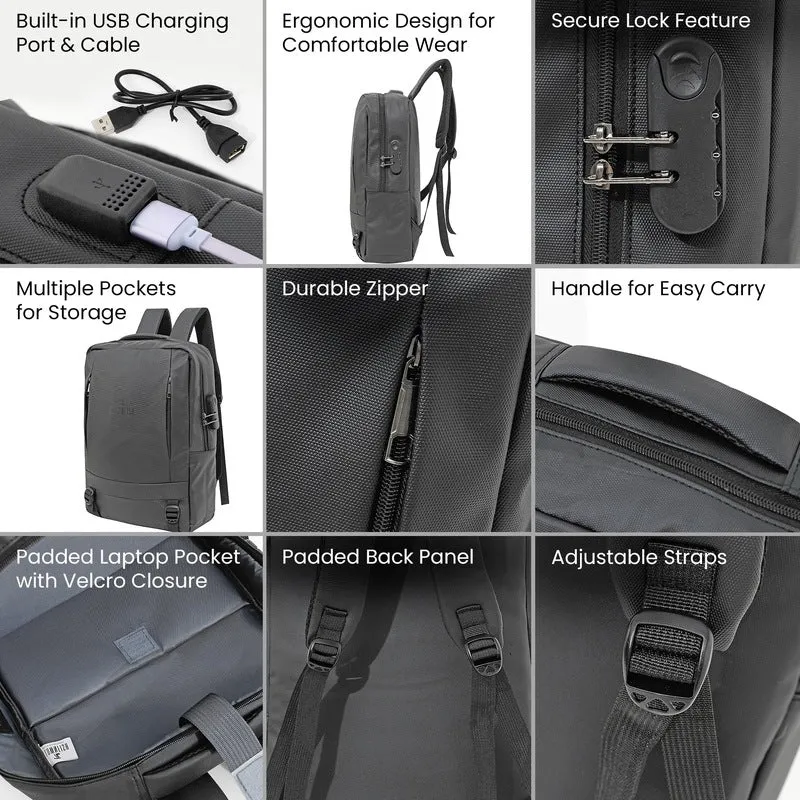 Laptop Bag with Waterproof Fabric & USB Port | College & Office Travel Backpack | 35*48*7.5cm | Black