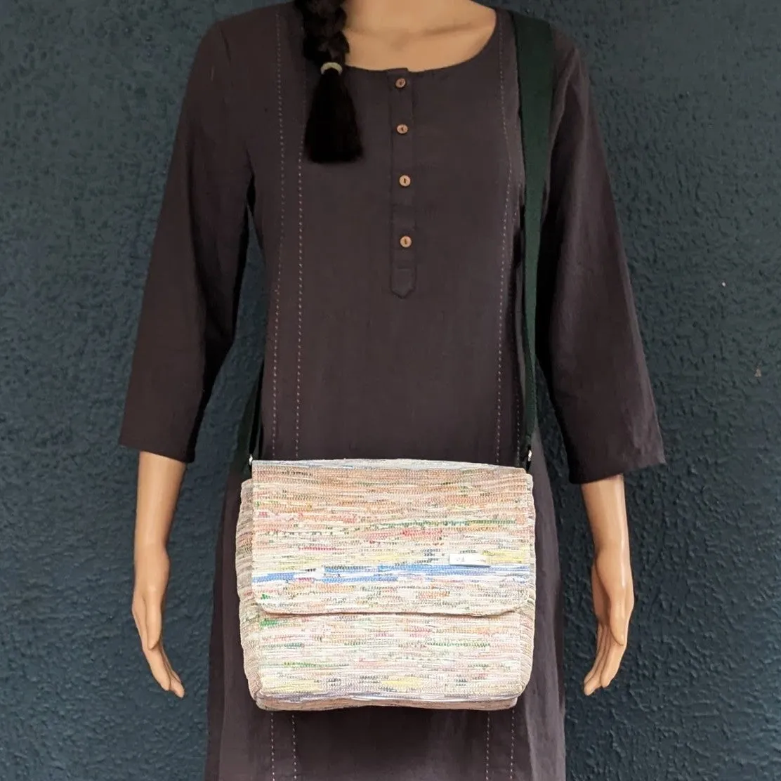 Multicolored Shimmery Upcycled Handwoven Messenger Bag (MB1224-019) PS_W