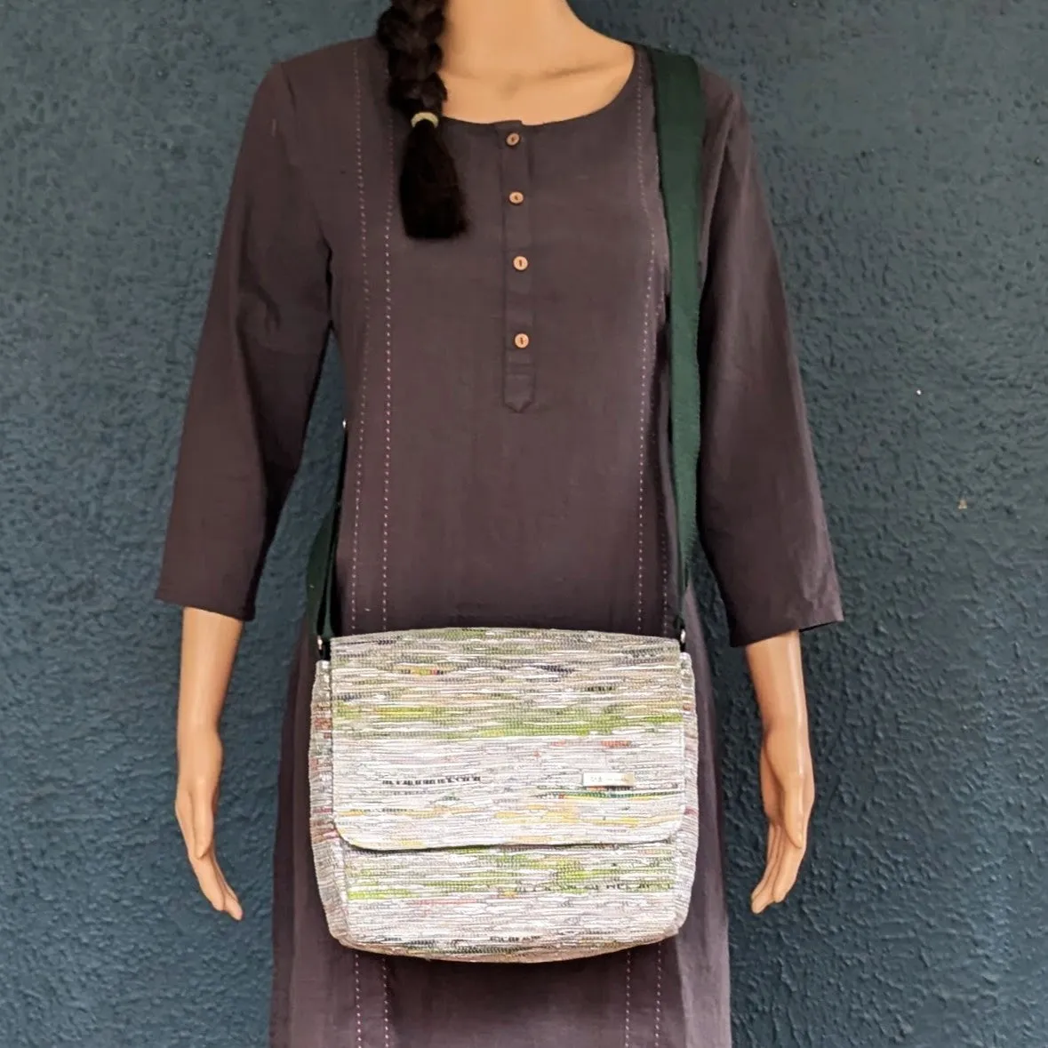 Multicolored Shimmery Upcycled Handwoven Messenger Bag (MB1224-021) PS_W