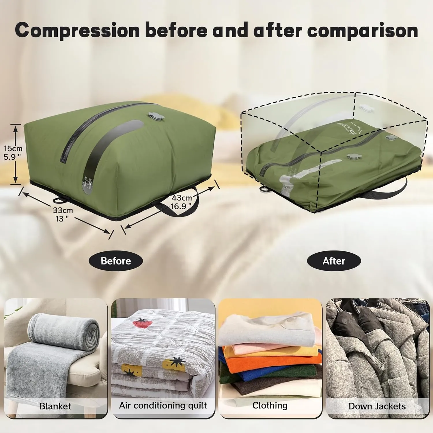 ONTYZZ Travel Vacuum Compression Bags Reusable Compression Bag with IP67 Waterproof Zipper Space Saver Vacuum Bags for Suitcase,Two Pack Green