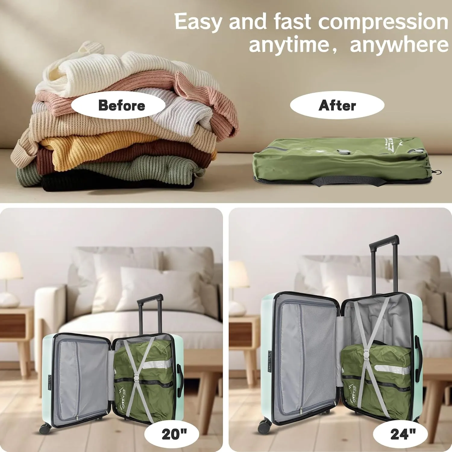 ONTYZZ Travel Vacuum Compression Bags Reusable Compression Bag with IP67 Waterproof Zipper Space Saver Vacuum Bags for Suitcase,Two Pack Green