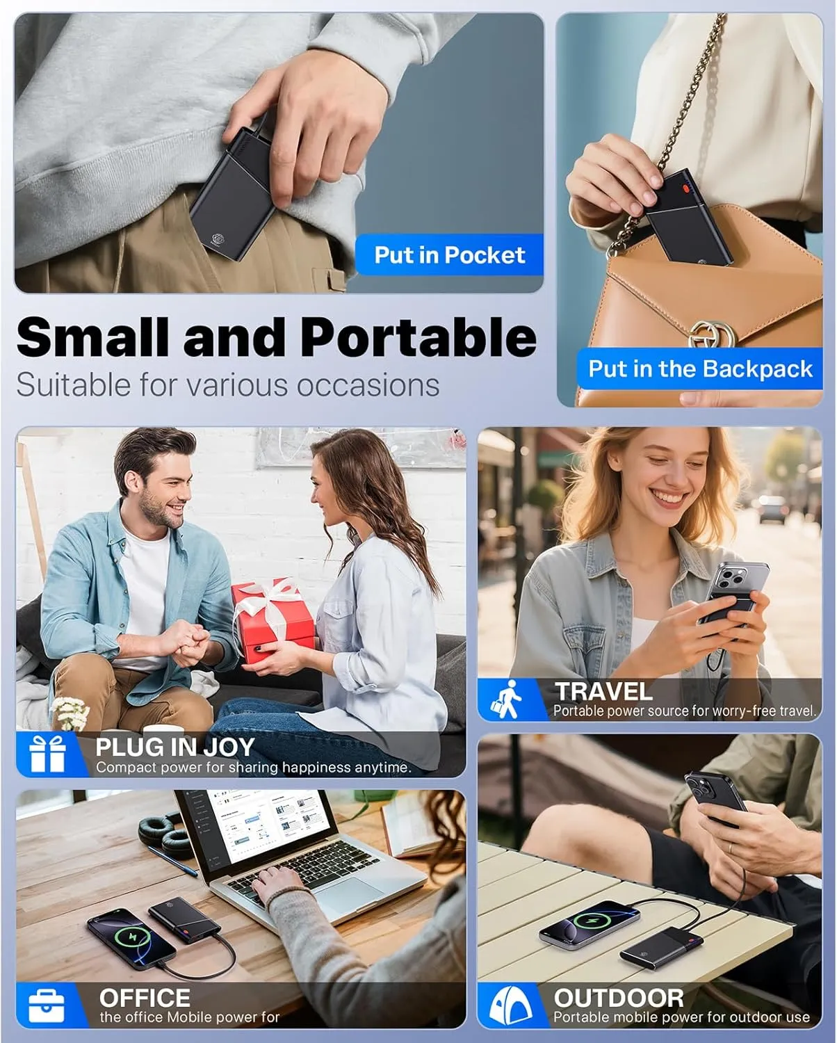 Portable Charger Power Bank, 10000mAh 22.5W PD Super Fast Charging Powerbank with Built-in USB C in&Out Cable, Slim External Phone Battery Pack for iPhone 16/15/14 iPad Samsung S24 Android etc