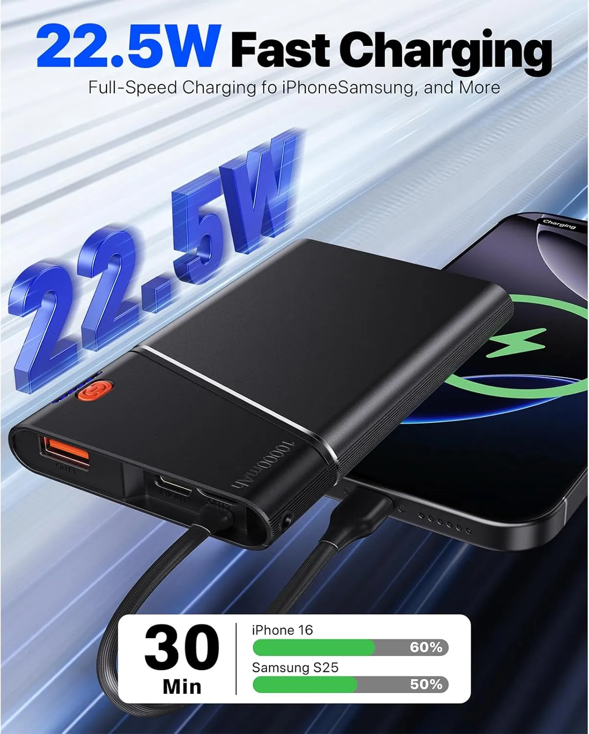 Portable Charger Power Bank, 10000mAh 22.5W PD Super Fast Charging Powerbank with Built-in USB C in&Out Cable, Slim External Phone Battery Pack for iPhone 16/15/14 iPad Samsung S24 Android etc