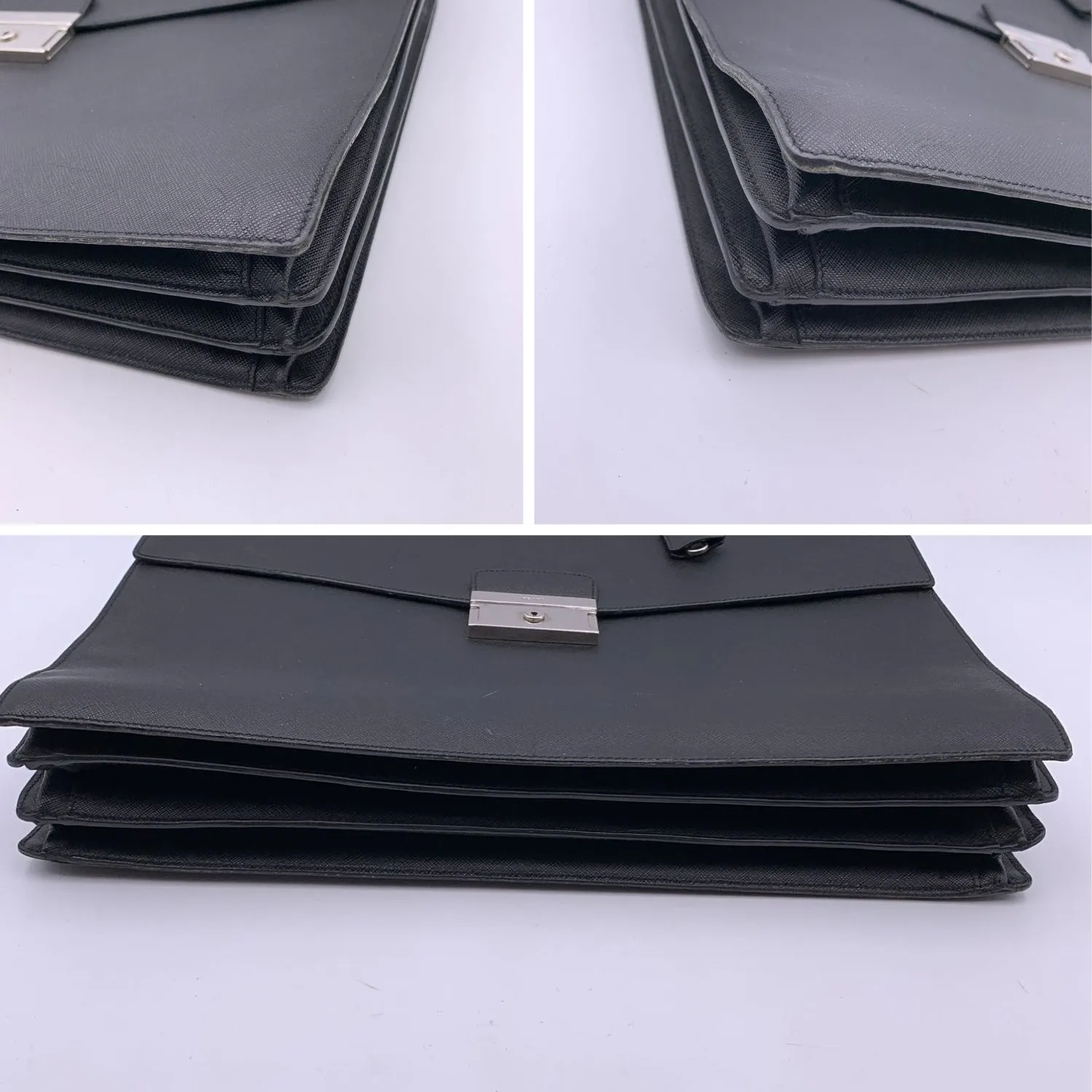 Prada Black Saffiano Leather 3 Gussets Briefcase Work Bag