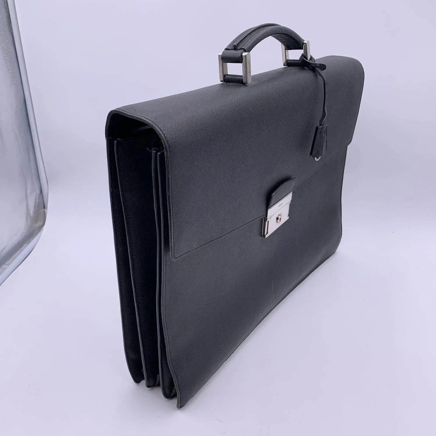 Prada Black Saffiano Leather 3 Gussets Briefcase Work Bag