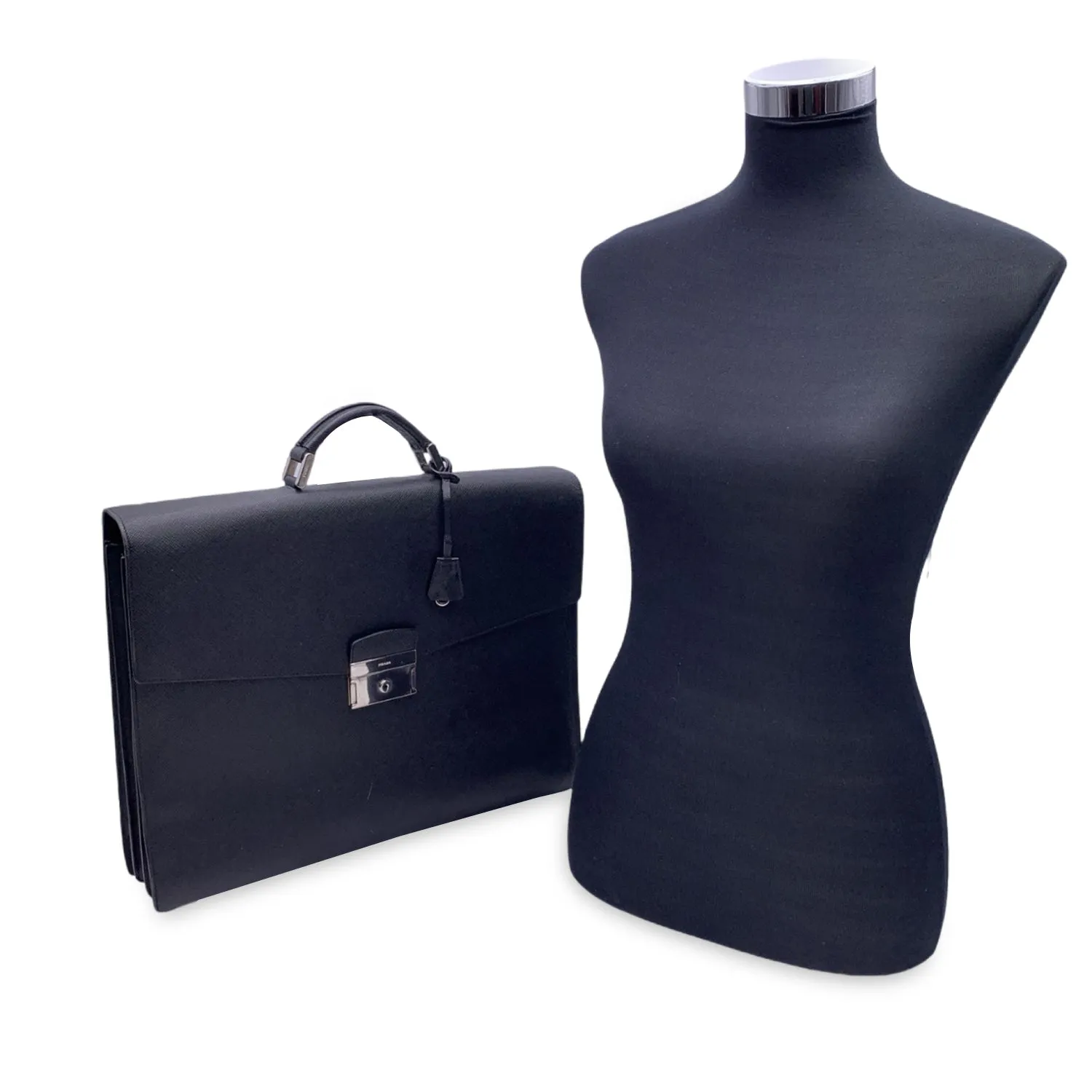 Prada Black Saffiano Leather 3 Gussets Briefcase Work Bag
