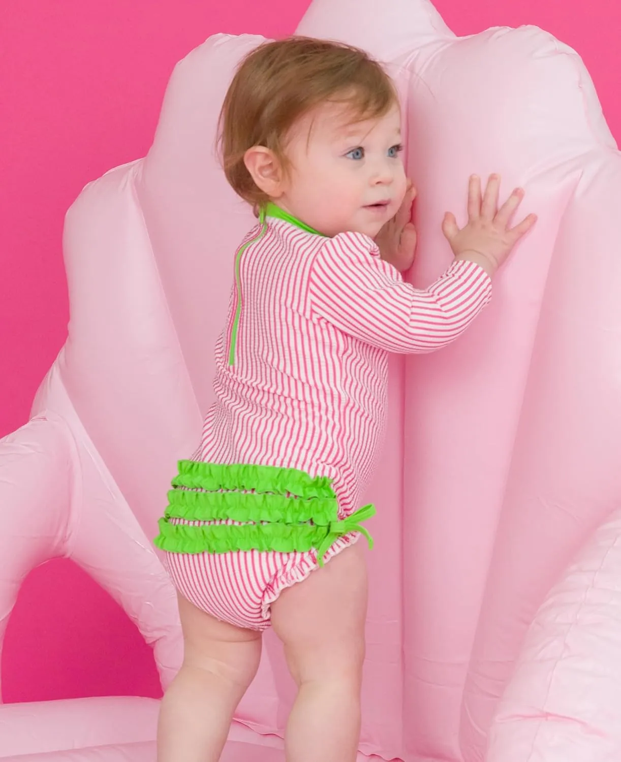 RuffleButts Baby/Toddler Girls Seersucker Long Sleeve One Piece Rash Guard Swimsuit with UPF 50  Sun Protection