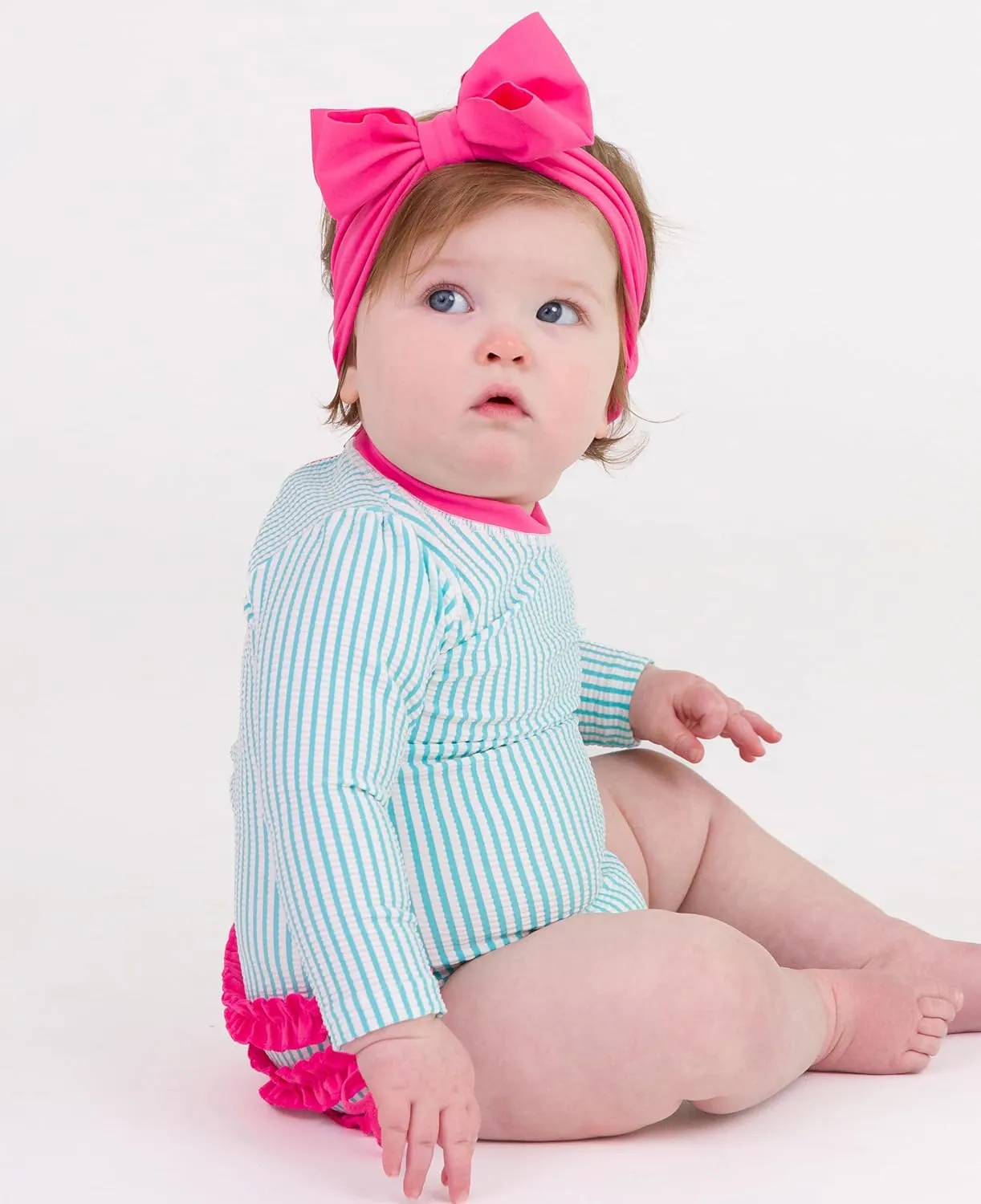 RuffleButts Baby/Toddler Girls Seersucker Long Sleeve One Piece Rash Guard Swimsuit with UPF 50  Sun Protection