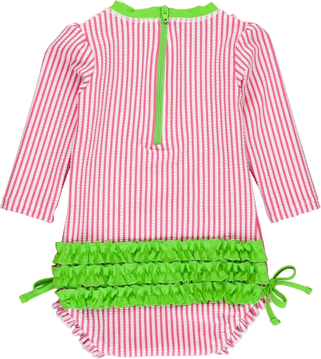 RuffleButts Baby/Toddler Girls Seersucker Long Sleeve One Piece Rash Guard Swimsuit with UPF 50  Sun Protection