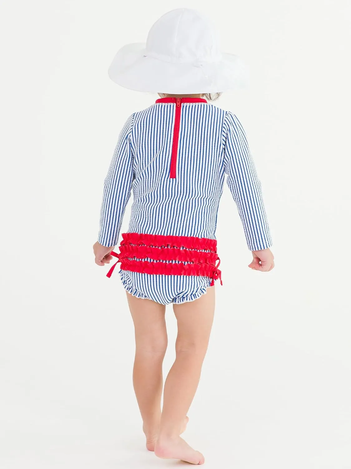RuffleButts Baby/Toddler Girls Seersucker Long Sleeve One Piece Rash Guard Swimsuit with UPF 50  Sun Protection
