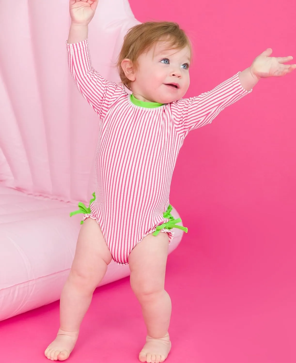 RuffleButts Baby/Toddler Girls Seersucker Long Sleeve One Piece Rash Guard Swimsuit with UPF 50  Sun Protection