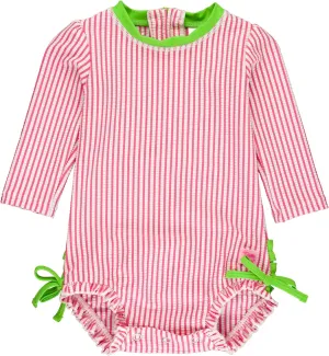 RuffleButts Baby/Toddler Girls Seersucker Long Sleeve One Piece Rash Guard Swimsuit with UPF 50  Sun Protection