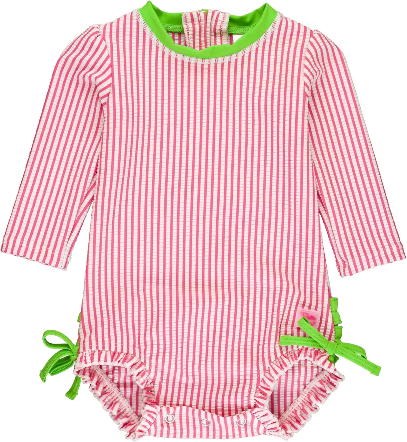 RuffleButts Baby/Toddler Girls Seersucker Long Sleeve One Piece Rash Guard Swimsuit with UPF 50  Sun Protection