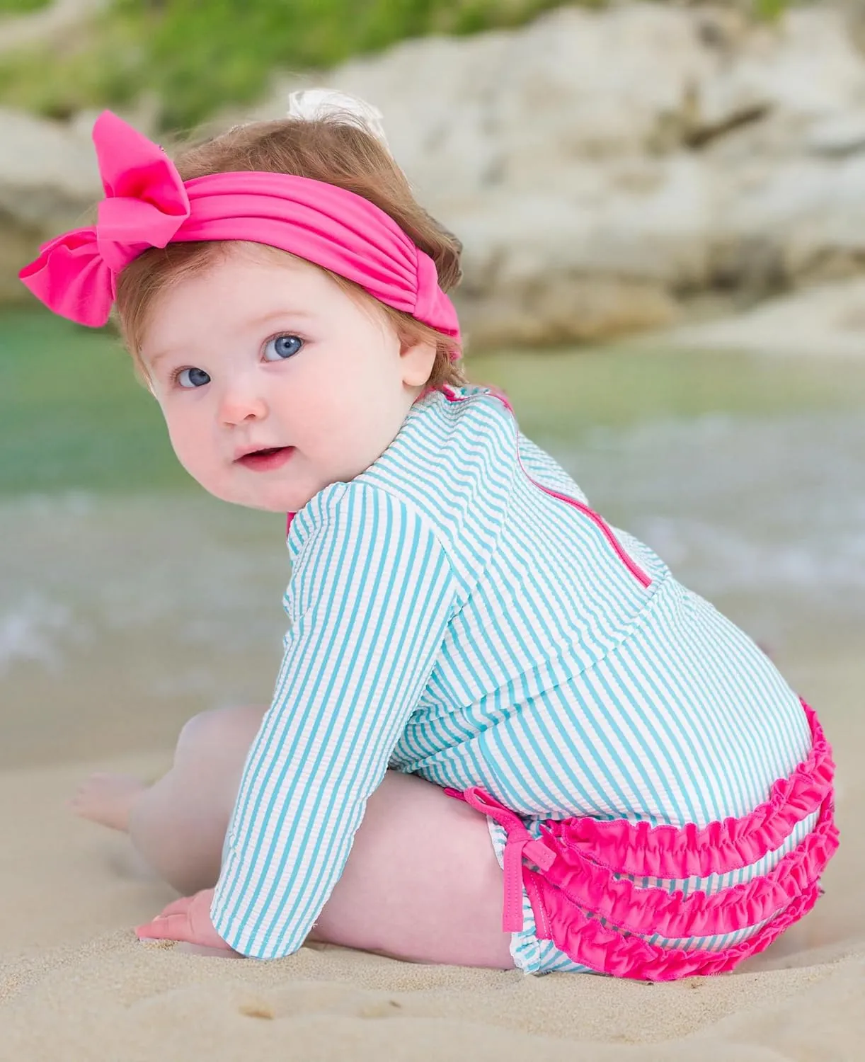 RuffleButts Baby/Toddler Girls Seersucker Long Sleeve One Piece Rash Guard Swimsuit with UPF 50  Sun Protection
