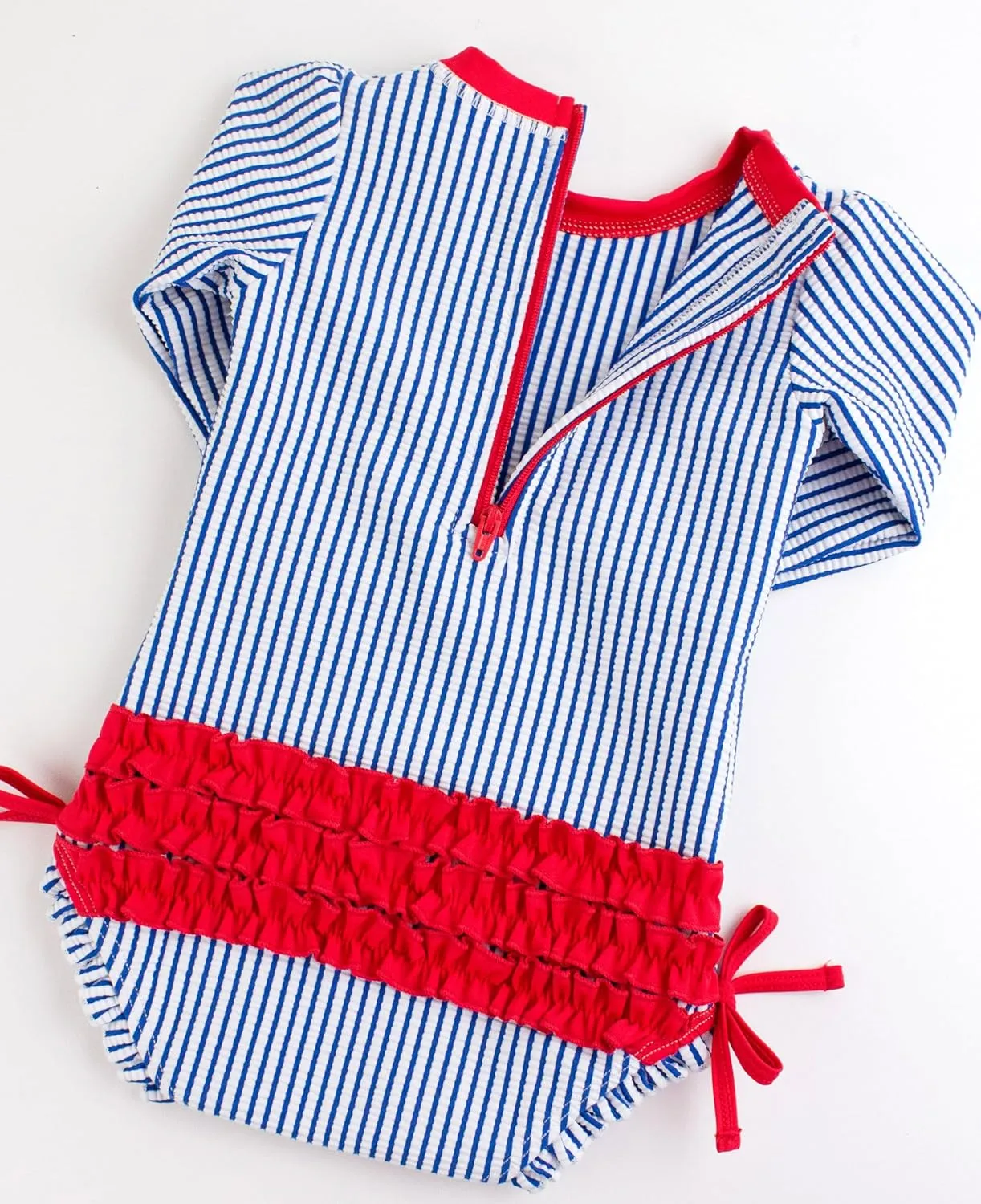 RuffleButts Baby/Toddler Girls Seersucker Long Sleeve One Piece Rash Guard Swimsuit with UPF 50  Sun Protection