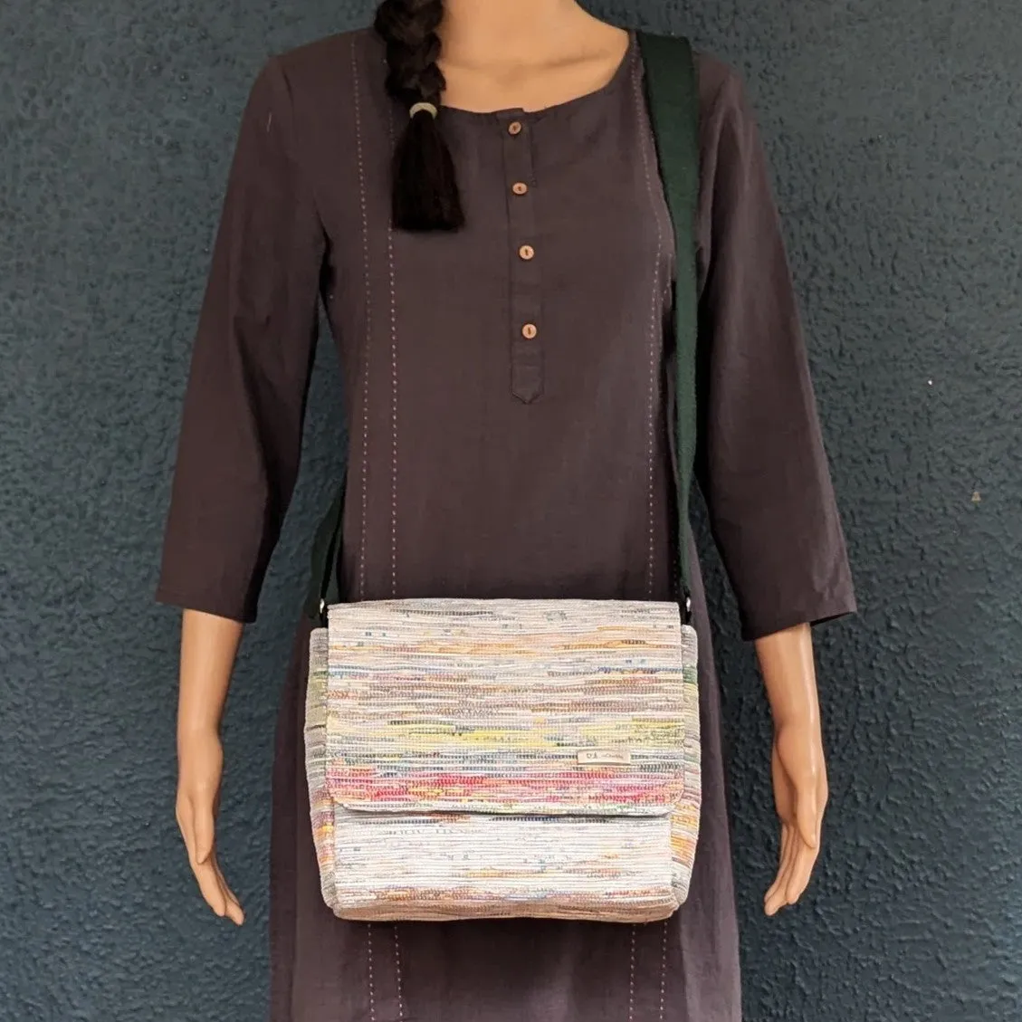 Shimmery Multicolored Upcycled Handwoven Messenger Bag (MB1224-013) PS_W